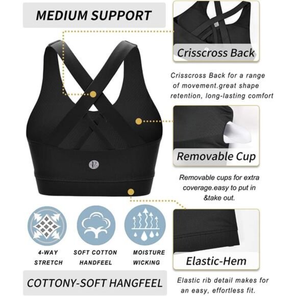Women's Criss-Cross Back Padded Sports Bra with Removable Cups - Picture 7 of 8